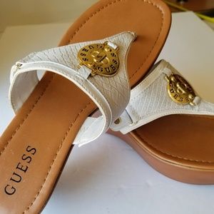 Sandals S 8 Guess white, metal gold logo slip - on